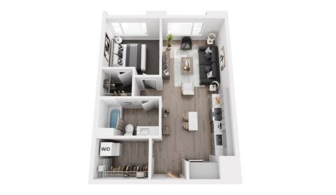 A top down view of a small apartment with a kitchen, living room, and bathroom.